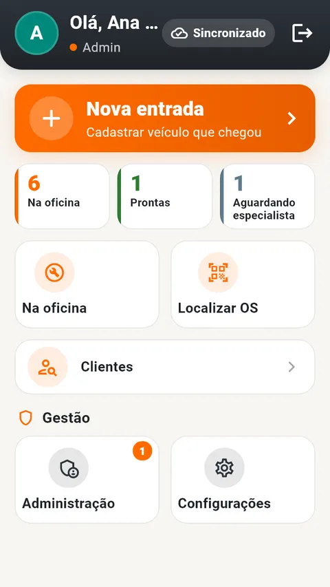 Tela inicial do Admin com o botão Nova entrada, os contadores Na oficina, Prontas e Aguardando especialista, e o selo Sincronizado.