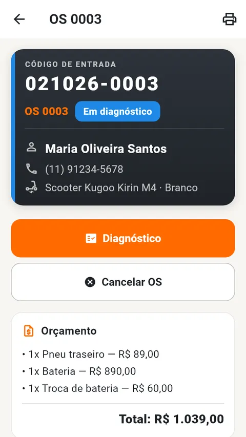 Tela da OS em diagnóstico, com o código de entrada, os dados do Cliente e o orçamento com o total.
